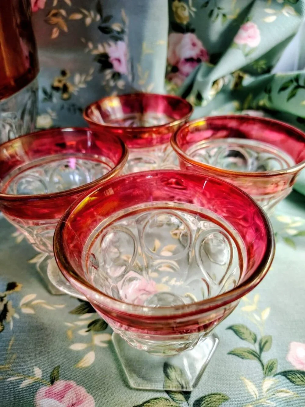 Vintage 1960s Indiana Glass Company Cranberry Red Glass Bowl, 11 Glasses, Set